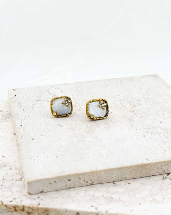 Σκουλαρίκια Τετράγωνα με Λευκή Φίλντισι Πέτρα & Ζιργκόν από Ανοξείδωτο Ατσάλι σε Χρυσό Τόνο