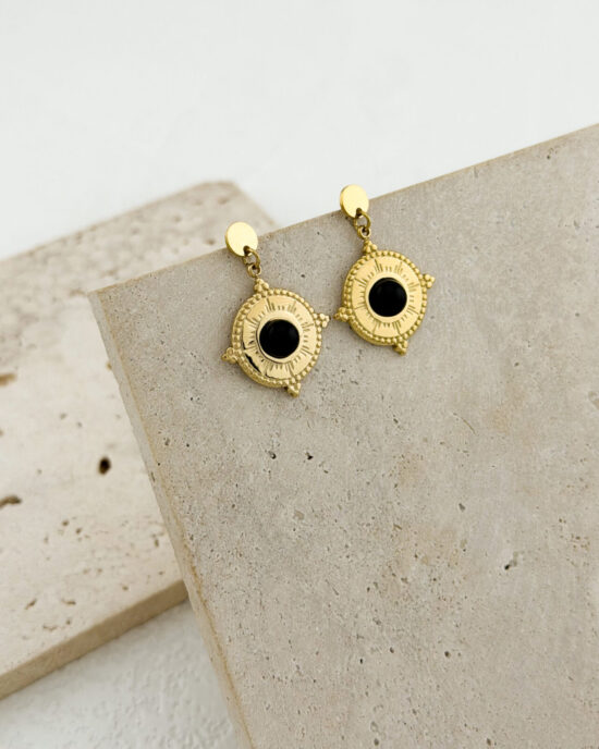 Vintage Σκουλαρίκια Μενταγιόν από Ανοξείδωτο Ατσάλι (Χρυσός Τόνος) με Μαύρο Στοιχείο