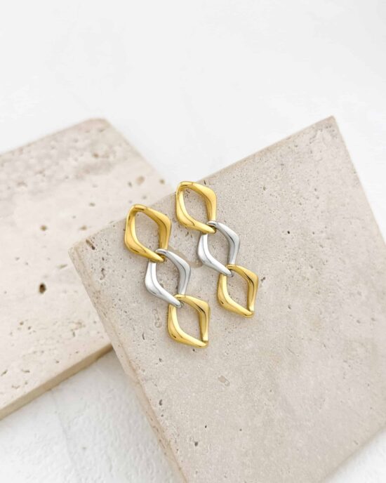Διχρωμα Σκουλαρίκια Από Ανοξείδωτο Ατσάλι Με Geometric Κρίκους Σε Χρυσό Και Ασημί Τόνο