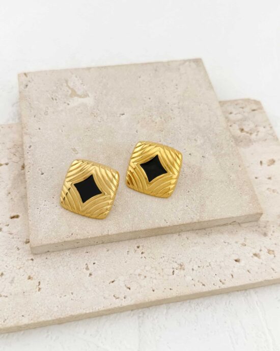 Τετράγωνα Σκουλαρίκια Abstract σε Χρυσό Τόνο με Μαύρο Κέντρο