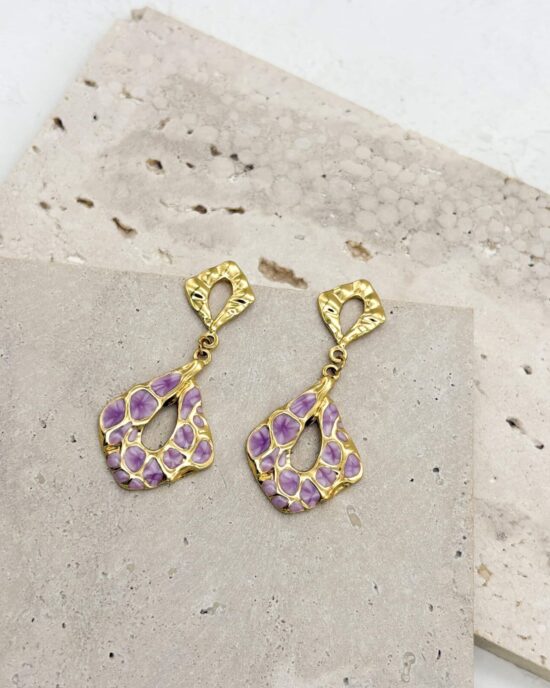 Κρεμαστά Σκουλαρίκια με Μωβ Σμάλτο από Ανοξείδωτο Ατσάλι (Χρυσός Τόνος) - Gold Fay Purple Earrings