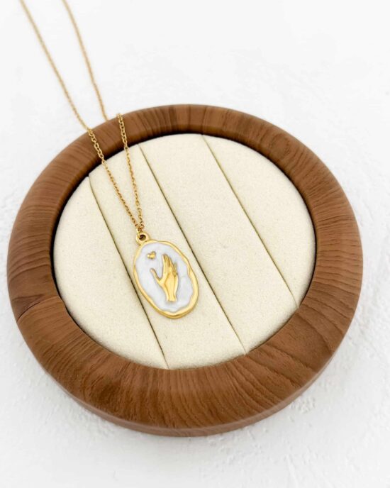 Μενταγιόν από Ανοξείδωτο Ατσάλι σε Χρυσό Χρώμα με Ανάγλυφο Σχέδιο Χεριού - Gold Touch Necklace