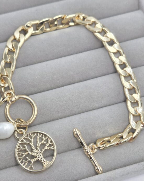 Βραχιόλι Αλυσίδα με Στοιχείο Δέντρο Ζωής από Ανοξείδωτο Ατσάλι σε Χρυσό Τόνο