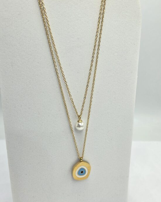 Διπλό Κολιέ με Μάτι και Πέρλα από Ανοξείδωτο Ατσάλι σε Χρυσό Τόνο