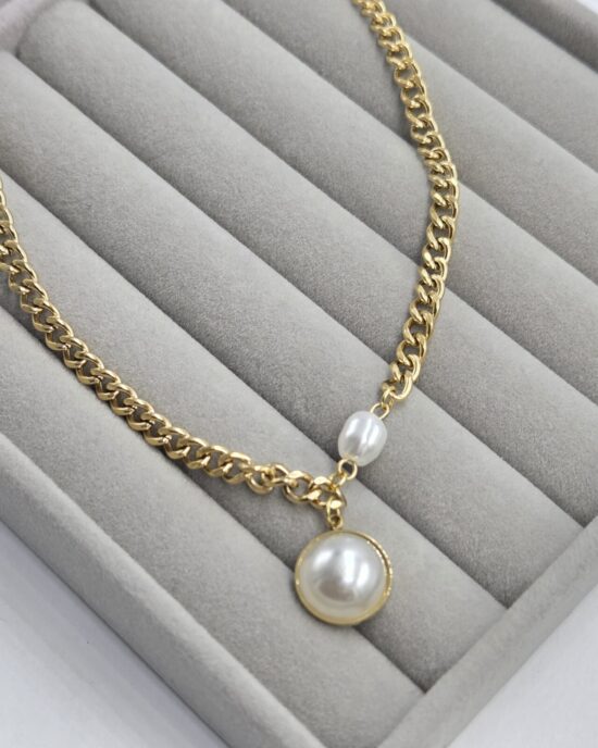 Κολιέ με Πέρλα και Αλυσίδα από Ανοξείδωτο Ατσάλι σε Χρυσό Τόνο