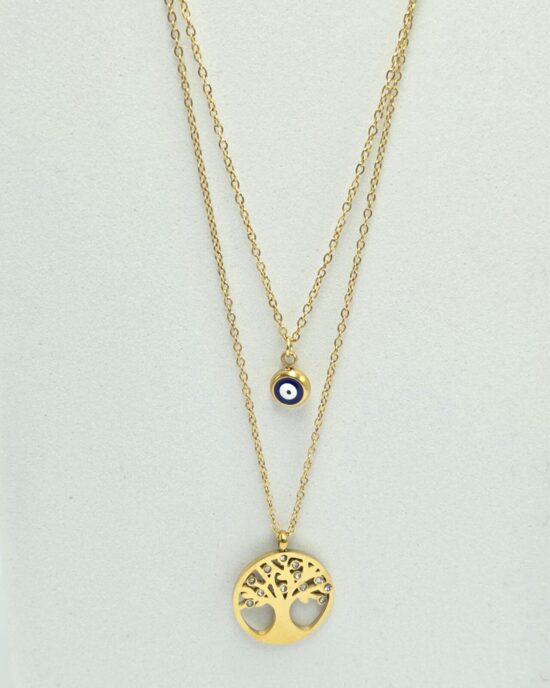 Διπλό Κολιέ με Μάτι και Δέντρο Ζωής από Ανοξείδωτο Ατσάλι σε Χρυσό Τόνο