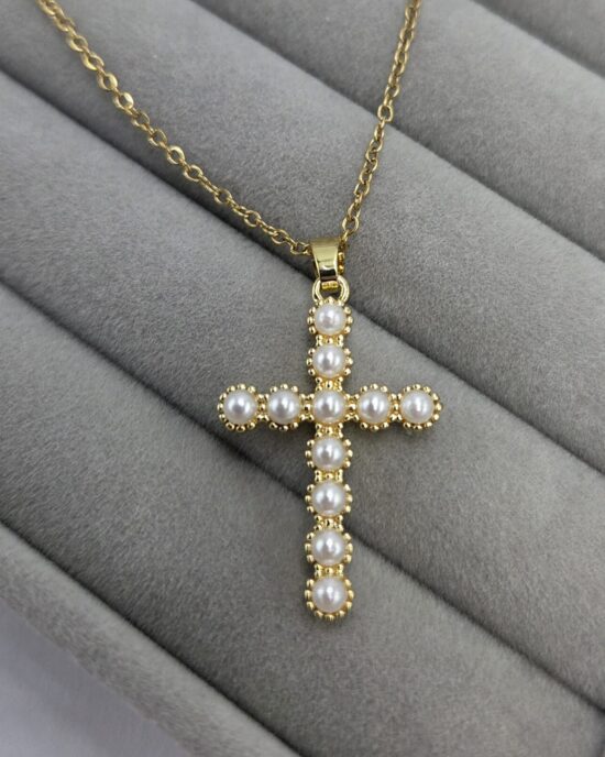 Μενταγιόν Σταυρός με Πέρλες από Ανοξείδωτο Ατσάλι σε Χρυσό Τόνο