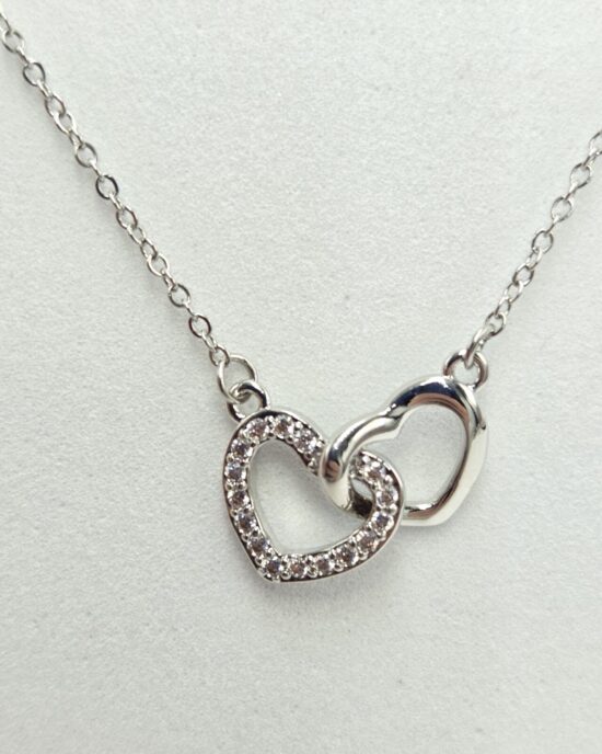 Κολιέ Διπλή Καρδιά με Ζιργκόν από Ανοξείδωτο Ατσάλι σε Ασημί Τόνο