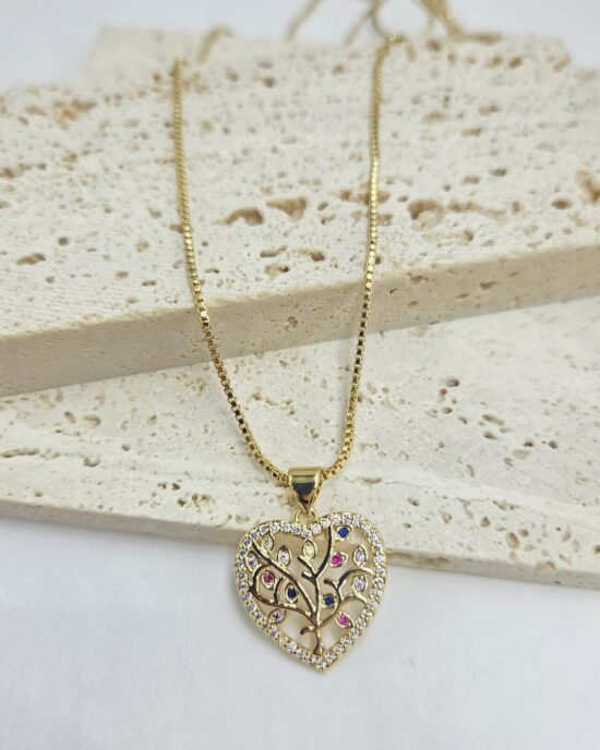 Μενταγιόν Καρδιά με Δέντρο της Ζωής και Πολύχρωμα Ζιργκόν από Ανοξείδωτο Ατσάλι σε Χρυσό Τόνο