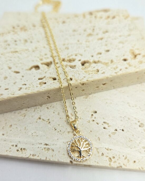 Λεπτό Μενταγιόν Δέντρο της Ζωής με Ζιργκόν από Ανοξείδωτο Ατσάλι σε Χρυσό Τόνο