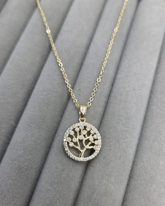 Μενταγιόν Δέντρο της Ζωής με Λεπτομέρειες Ζιργκόν από Ανοξείδωτο Ατσάλι σε Χρυσό Τόνο