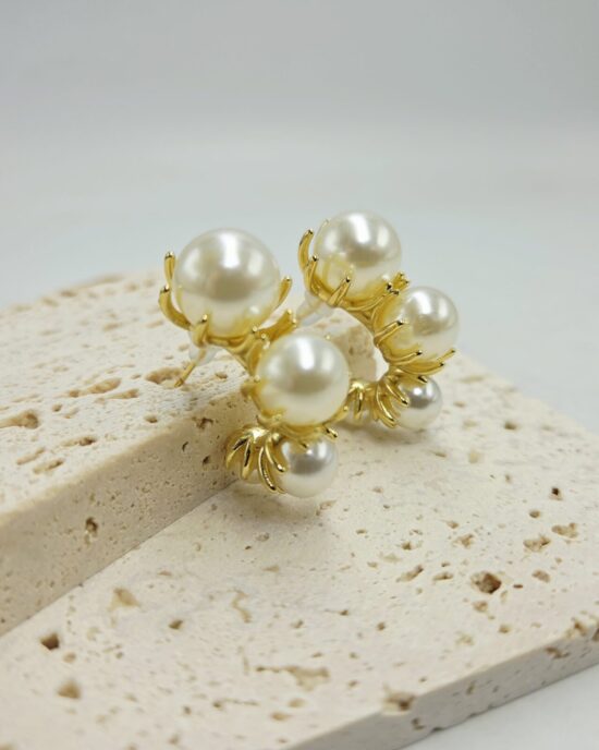 Σκουλαρίκια Στεφάνι με Πέρλες από Ανοξείδωτο Ατσάλι σε Χρυσό Τόνο