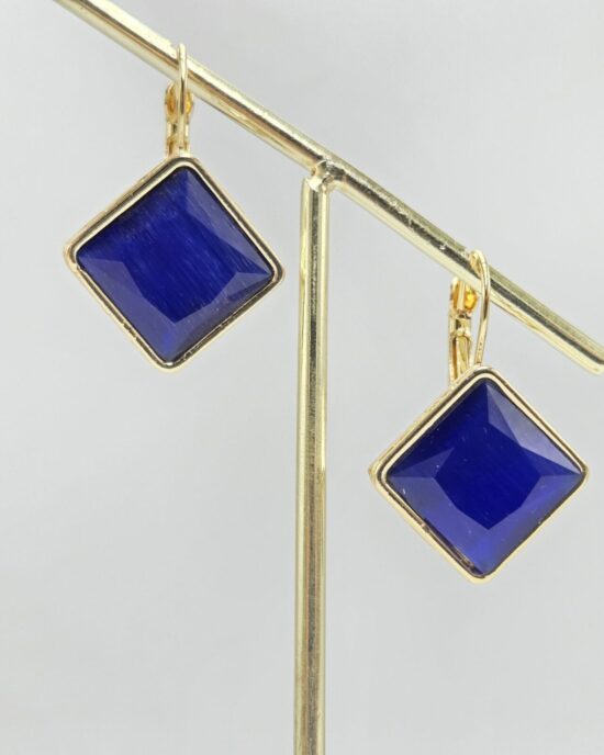 Σκουλαρίκια με Μπλε Τετράγωνη Πέτρα από Ανοξείδωτο Ατσάλι σε Χρυσό Τόνο