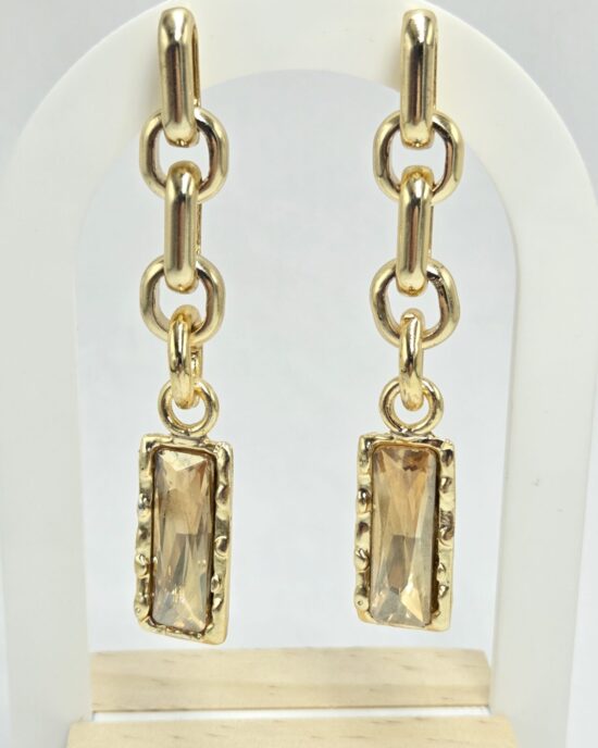 Σκουλαρίκια με Αλυσίδα και Champagne Ορθογώνια Πέτρα από Ανοξείδωτο Ατσάλι σε Χρυσό Τόνο