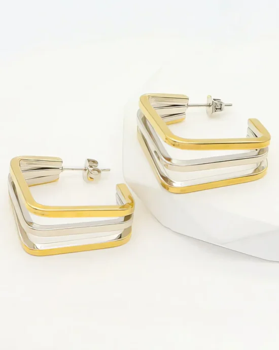 Statement Σκουλαρίκια Καρφωτά Square Open Design – Silver/Gold Tone Stainless Steel