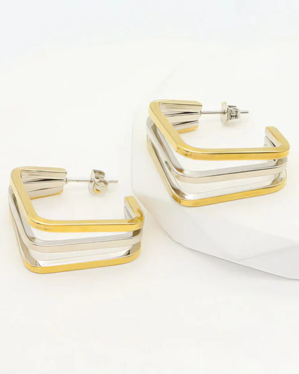 Statement Σκουλαρίκια Καρφωτά Square Open Design – Silver/Gold Tone Stainless Steel