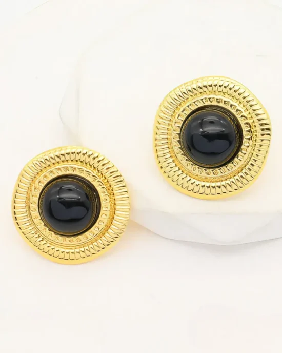 Σκουλαρίκια Καρφωτά Κυκλικά με Μαύρη Πέτρα σε Χρυσό Τόνο από Ανοξείδωτο Ατσάλι