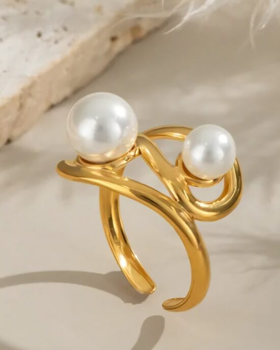 Γυναικείο Ατσάλινο Δαχτυλίδι με Διπλή Πέρλα σε Χρυσή Απόχρωση – Stainless Steel Ring