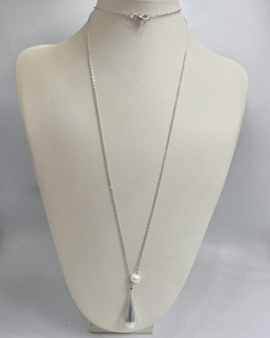 Μακρύ Κολιέ Ανοξείδωτο Ατσάλι σε Ασημί Απόχρωση με Πέρλα & Στοιχείο Σταγόνα