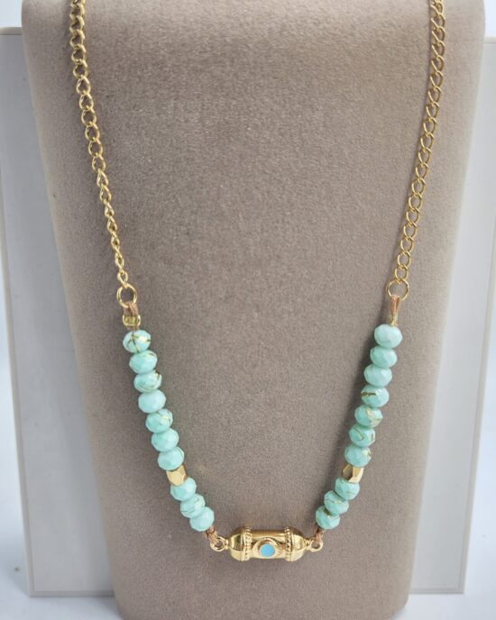 Κολιέ Ανοξείδωτο Ατσάλι σε Χρυσή Απόχρωση με Τυρκουάζ Πέτρες & Διακοσμητικό Στοιχείο