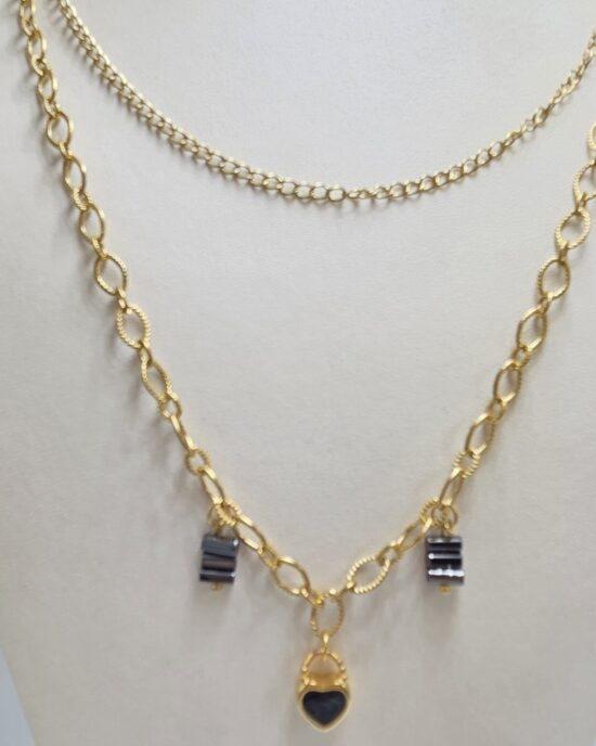 Διπλό Κολιέ Ανοξείδωτο Ατσάλι σε Χρυσή Απόχρωση με Charm Καρδιά & Μαύρες Λεπτομέρειες