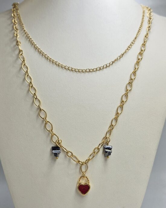 Διπλό Κολιέ Ανοξείδωτο Ατσάλι σε Χρυσή Απόχρωση με Charm Καρδιά σε Κόκκινο Σμάλτο