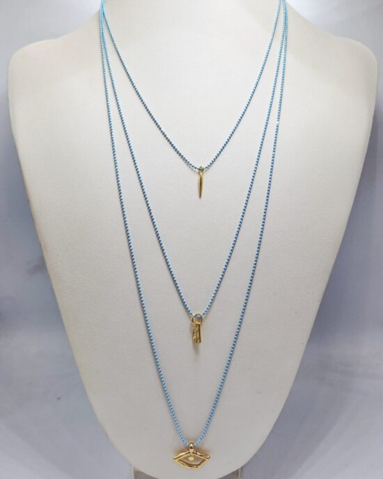 Κολιέ Layering με Χάντρες σε Γαλάζια Απόχρωση και Μενταγιόν Μάτι από Ανοξείδωτο Ατσάλι