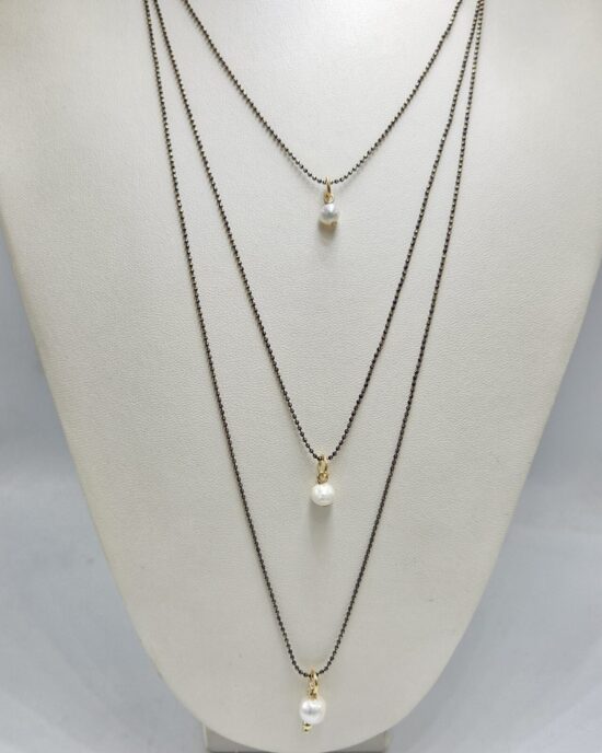 Layering Κολιέ με Πέρλες από Ανοξείδωτο Ατσάλι σε Μαύρη Απόχρωση
