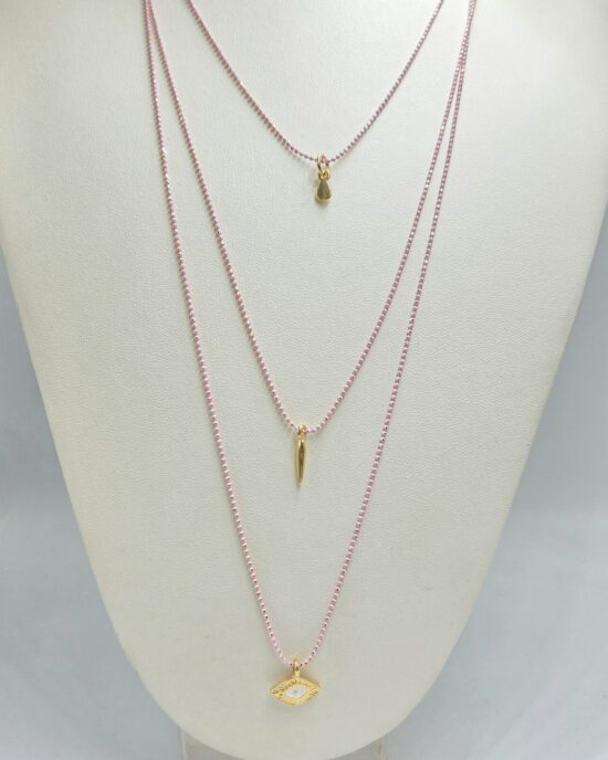 Layering Κολιέ με Ροζ Χάντρες και Μενταγιόν Μάτι από Ανοξείδωτο Ατσάλι