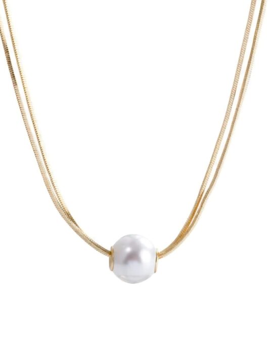 Ατσάλινο Διπλό Κολιέ Snake Chain με Πέρλα σε Χρυσή Απόχρωση – Stainless Steel Necklace
