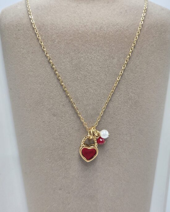Μενταγιόν Ανοξείδωτο Ατσάλι σε Χρυσή Απόχρωση με Κόκκινη Καρδιά & Charm Πέρλα