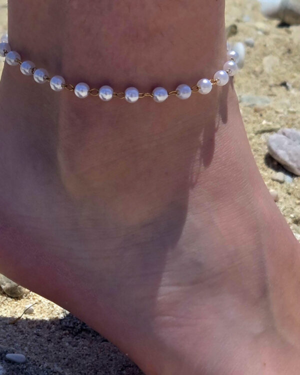 Βραχιόλι Ποδιού Ατσάλινο με Πέρλες 5mm 21+3cm Χρυσό