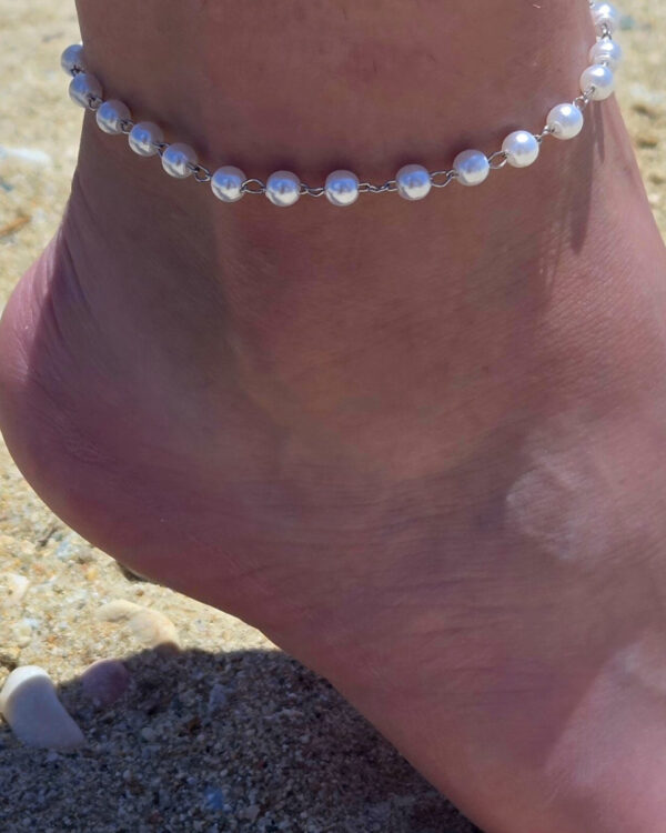 Βραχιόλι Ποδιού Ατσάλινο με Πέρλες 5mm 21+3cm Ασημί
