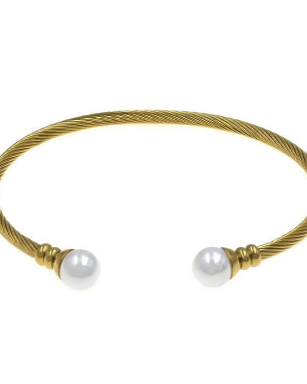 Minimal Βραχιόλι Ατσαλόσυρμα 3mm με Λευκές Πέρλες 8mm σε Χρυσό Τόνο